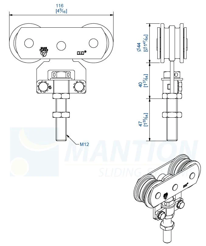 Monture fixation sur chant M12 Galet Acier 0255A